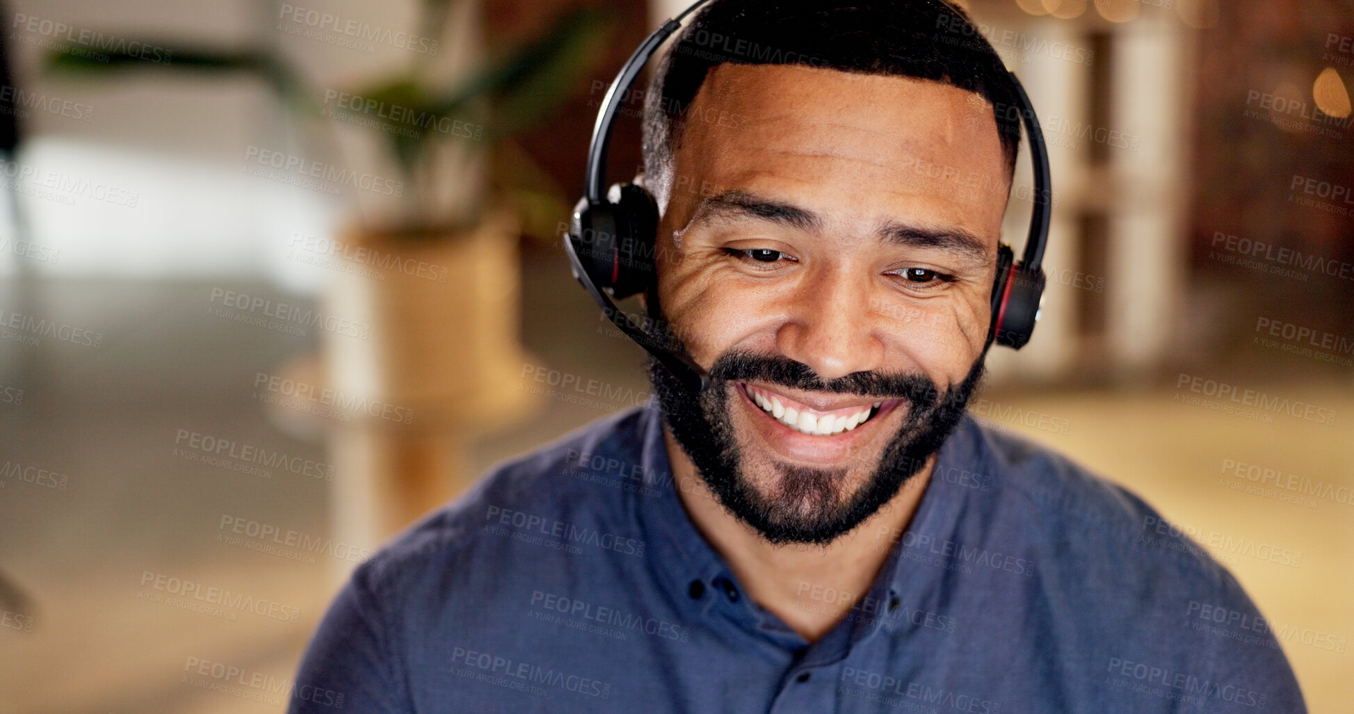 Buy stock photo Happy, man and consultant with headset in call center for customer service or online advice. Male person, employee or agent with smile or mic for virtual assistance, help or support in workplace