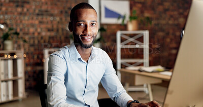 Buy stock photo Computer, night and portrait of businessman in office for finance proposal, investment or deadline. Corporate, happy and black person with tech for financial report, risk assessment or online review