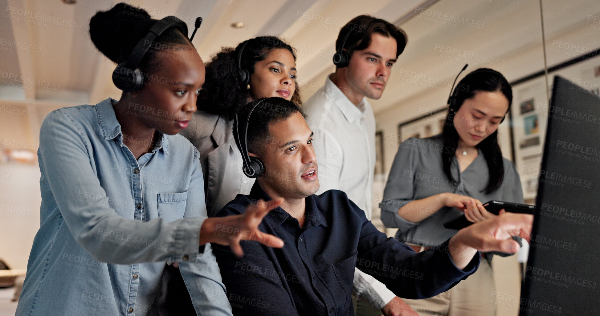 Buy stock photo Call center, training and people on computer for online consulting, contact us and advice. Feedback, manager and workers on pc for learning for assistance, customer support and crm service in office