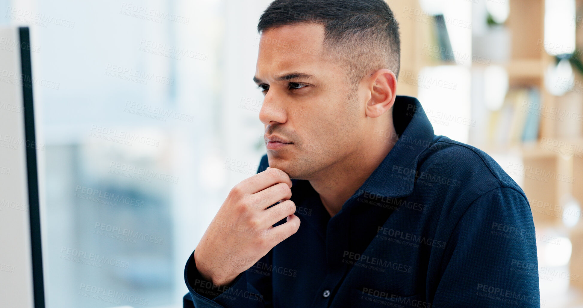 Buy stock photo Confused, thinking and business man on computer in office for feedback, project and online report. Reading, professional and person on pc with doubt for proposal, research and review for planning