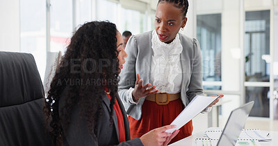 Buy stock photo Laptop, team and concern with paperwork in office for auditing error, problem solving and advice. Tech, women and worry with accounting file for finance mistake, compliance risk or tax entry solution