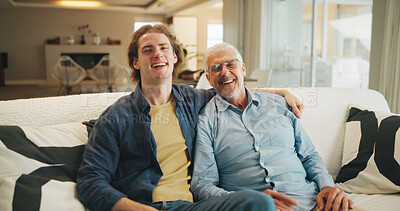 Buy stock photo Laughing, portrait and old man and son in lounge, positive attitude and bonding with elderly father. Happy people, home and embrace with senior parent on weekend, stress relief and chilling on sofa