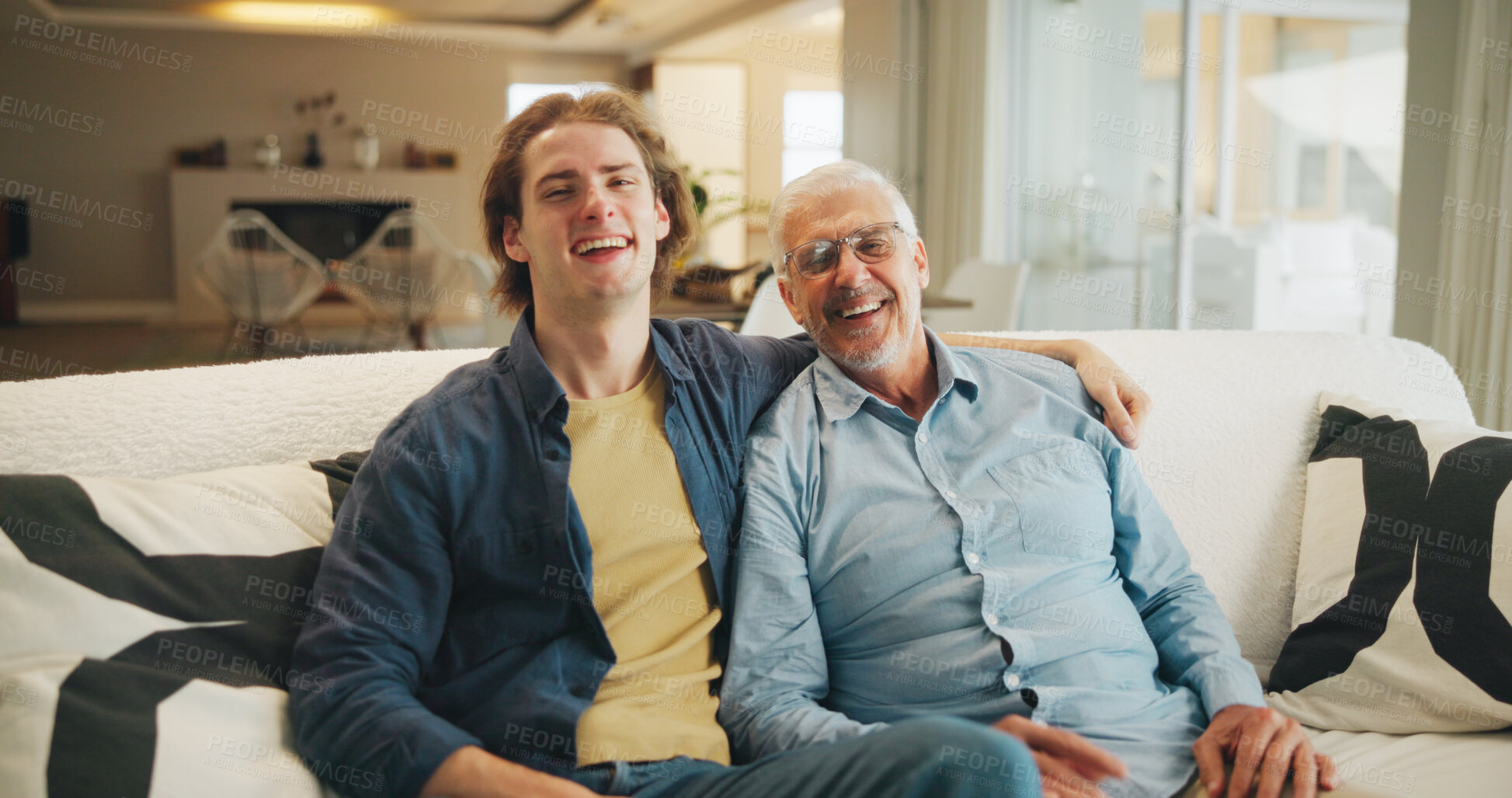 Buy stock photo Laughing, portrait and old man and son in lounge, positive attitude and bonding with elderly father. Happy people, home and embrace with senior parent on weekend, stress relief and chilling on sofa