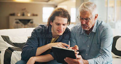 Buy stock photo Old man, learning and son with tablet in lounge, skill development and listening to app explanation. Teaching, senior father and pointing at website, digital literacy and people with tech in house