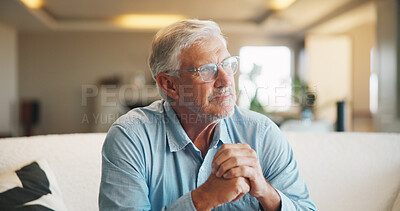 Buy stock photo Mature, man and thinking in living room with peace, remember past and daydream on calm weekend break. Person, reflection and relax in home with glasses, perspective and contemplation for nostalgia.