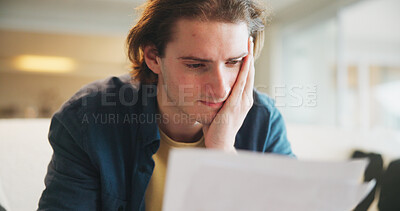 Buy stock photo Paperwork, debt and man in home with stress for financial challenge, bankruptcy or rent increase. Document, expenses and person at house with crisis for loan, bad credit or reading info for bills