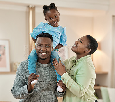 Buy stock photo Fun, parents or child in house with smile, childcare or healthy relationship in living room. Happy, portrait or black family with bonding, parenthood or playful connection in childhood development.