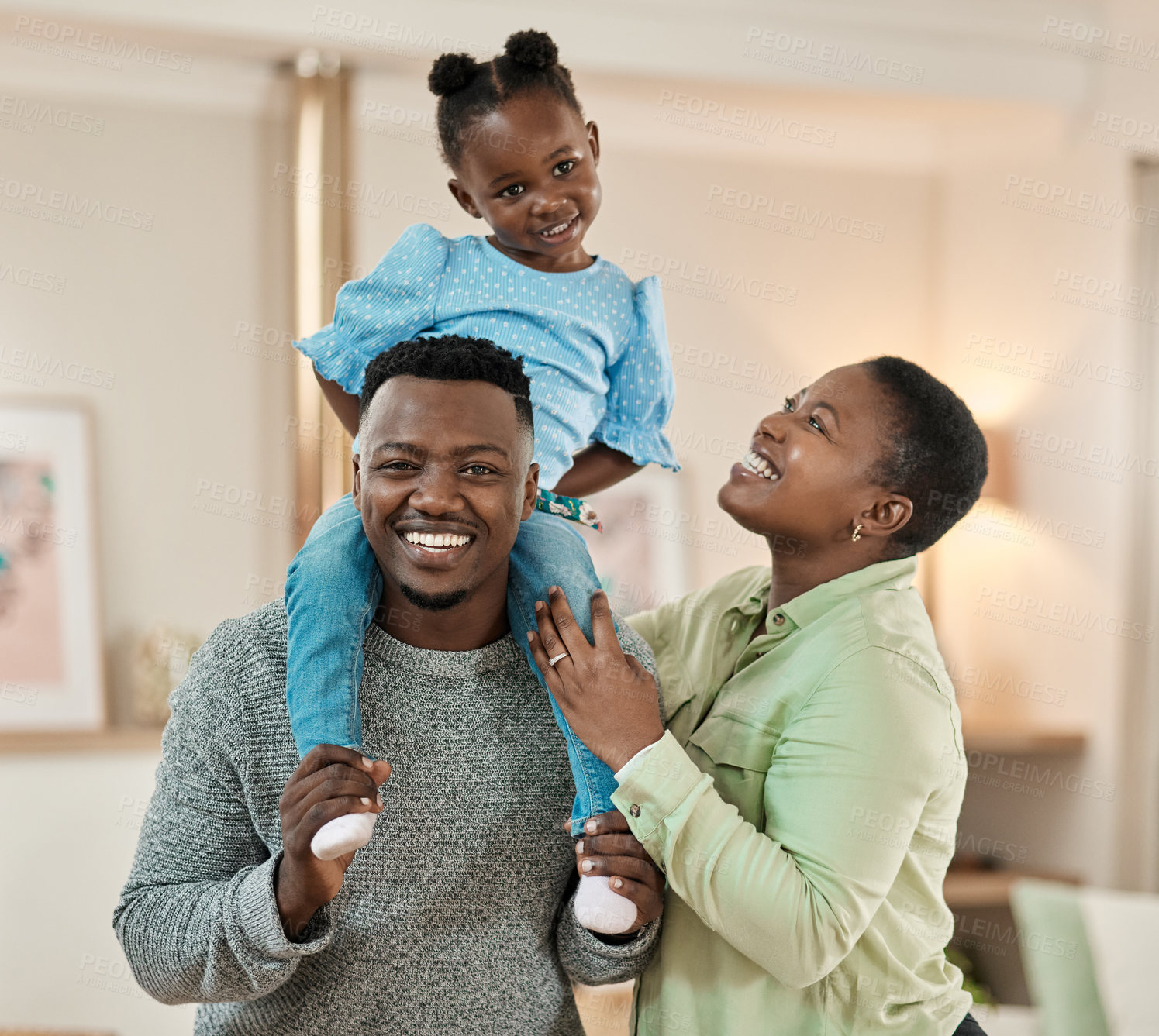 Buy stock photo Fun, parents or child in house with smile, childcare or healthy relationship in living room. Happy, portrait or black family with bonding, parenthood or playful connection in childhood development.