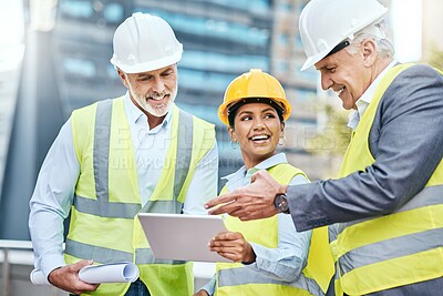 Buy stock photo Happy people, contractor or team with tablet for architecture design or city construction on site. Group, employees or builders with technology or hard hat for property development in an urban town