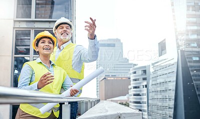 Buy stock photo Happy people, contractor or pointing with construction idea on city balcony for architecture design. Builders, architect or civil engineers with smile for property or building plan in an urban town