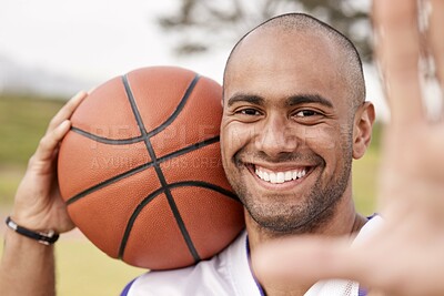 Buy stock photo Basketball player, selfie and man with smile at park, photography or practice for sport competition. Fitness, portrait and person with ball for match, profile picture and happy for memory in Brazil