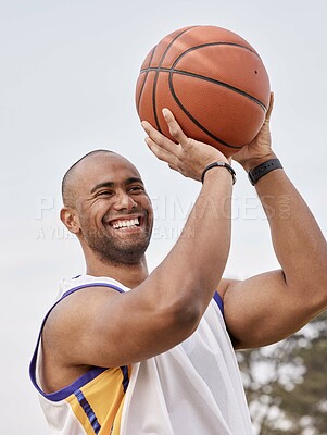 Buy stock photo Training, basketball player and happy man at park, fitness and practice for tournament or sport game. Outdoor, athlete and person with ball for exercise routine, laughing and getting ready for match