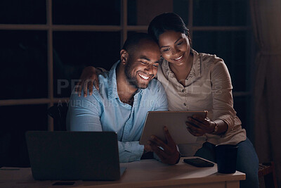 Buy stock photo Night, happy and couple with tablet in home for online videos, streaming and internet search. Marriage, house and man with woman on digital tech for bonding, relationship and connection with website