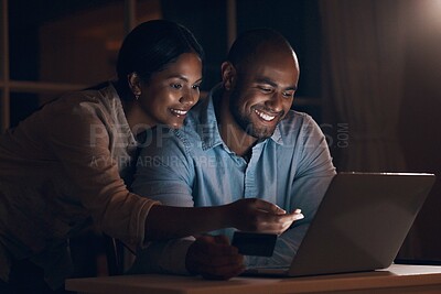 Buy stock photo Night, happy and couple on laptop for online shopping, internet purchase and browse store. Home, marriage and man with woman with credit card for ecommerce, digital payment and subscription sign up