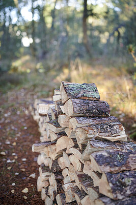 Buy stock photo Nature, stack and wood outdoor in forest for earth conservation, ecosystem or sustainability. Countryside, deforestation and pile of timber or lumber texture for eco friendly or organic environment.