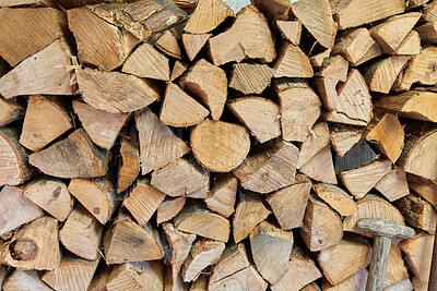 Buy stock photo Wood, stack and timber in nature for forestry, sustainable business or ecology for logging awareness. Lumber, logs or firewood for deforestation, habitat destruction or forest industry with hardwood