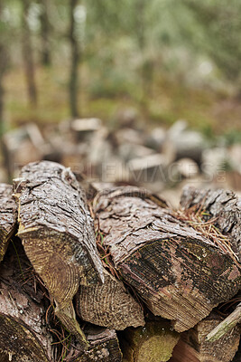 Buy stock photo Wood, pile and lumber outdoor for forestry, sustainable business or ecology for logging awareness. Timber, logs or firewood for deforestation, habitat destruction or forest industry with hardwood