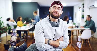 Buy stock photo Arms crossed, headphones and portrait of man at tech startup for about us, ambition or development. Creative, friendly and small business innovation with happy designer in workplace for career