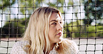 Serious, woman and thinking about education, outdoor and planning for academic future and knowledge. Campus, net and person with decision at university, reflection and student with scholarship