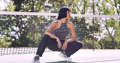 Buy stock photo Fashion, summer and thinking with woman on tennis court for clothing, outfit or trendy aesthetic. Ideas, inspiration and style with person outdoor in streetwear apparel for contemplation or vision