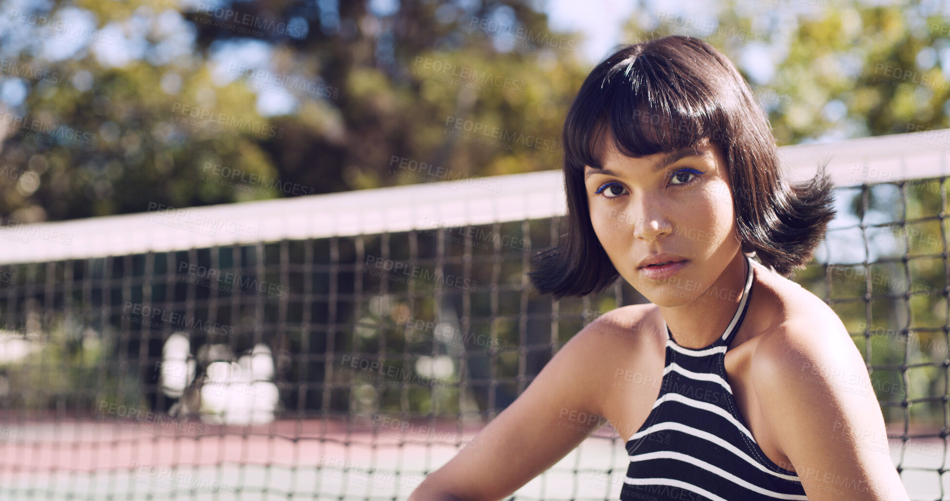 Buy stock photo Trendy, portrait or woman on court for fashion, unique style or bold cosmetics in gen z aesthetic. Streetwear, sunshine or person with vibrant makeup, contemporary appearance or urban look in USA