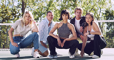 Buy stock photo Trendy, portrait or friends outdoor for fashion, unique style or confidence in gen z aesthetic. Modern, sunshine or people in court with squat, contemporary appearance or urban look in Los Angeles.