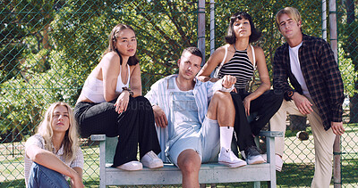 Buy stock photo Portrait, friends and student in park on campus for college, opportunity and confidence. Learning, study break and people in nature with pride for university, education and scholarship or admission