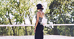 Backpack, break and thinking with woman on tennis court for fashion ideas or inspiration. Back, bag and relax with person outdoor in summer season for contemplation, clothing aesthetic or vision