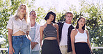 Portrait, group and college student in park on campus for university, opportunity and confidence. Learning, study break and people in nature with pride for school, education and ecology scholarship