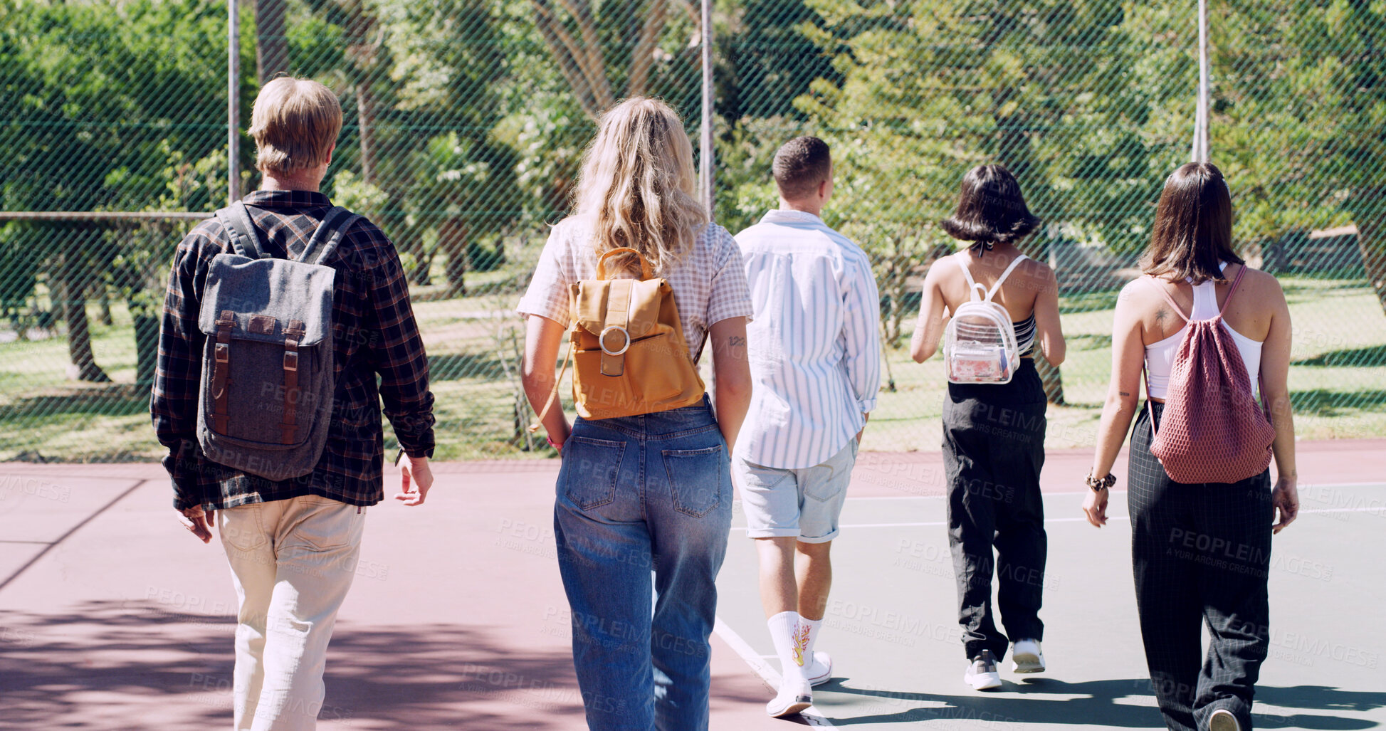 Buy stock photo Back, friends and students walking on campus of college or university commute together. Backpack, education and travel with group of people outdoor for development, learning or trip to school