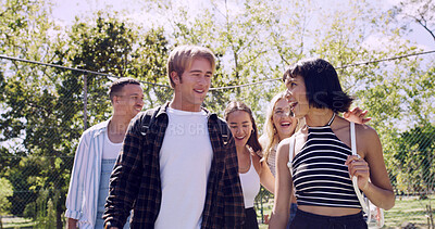 Buy stock photo Laugh, friends and students in park on campus for college, opportunity and confidence. Walk, study break and happy people in nature with pride for university, education and scholarship or admission
