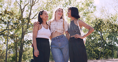 Buy stock photo Laugh, women and college students in park on campus for course, opportunity and confidence. Bonding, group or happy friends in nature with pride for university, education and scholarship or admission