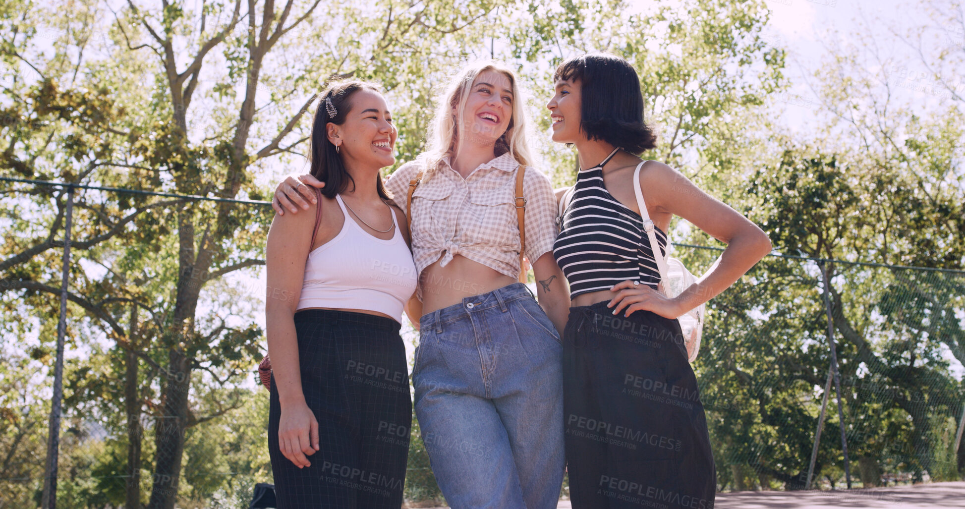 Buy stock photo Laugh, women and college students in park on campus for course, opportunity and confidence. Bonding, group or happy friends in nature with pride for university, education and scholarship or admission
