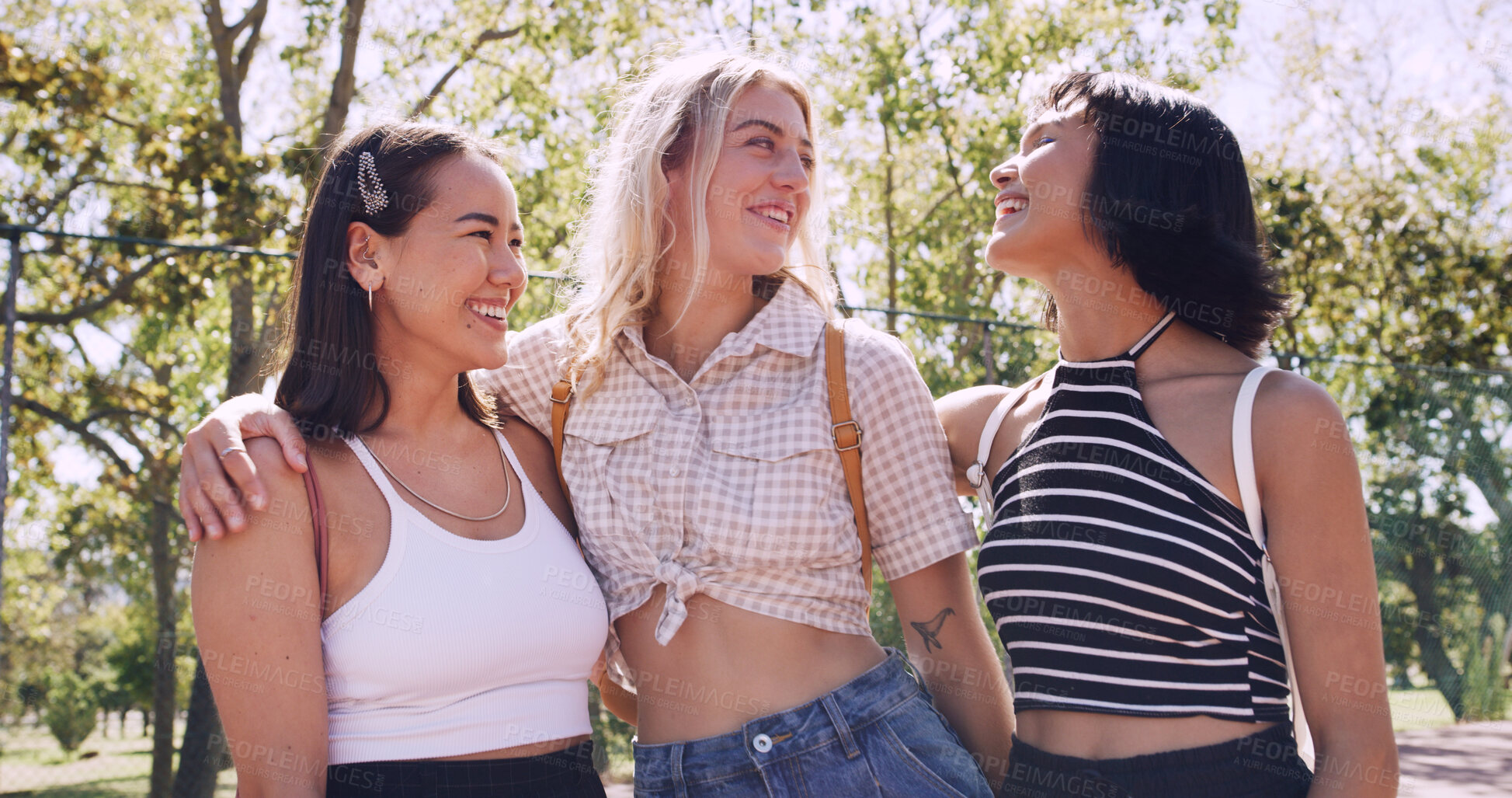 Buy stock photo Smile, women and college students in park on campus for course, opportunity and confidence. Bonding, group or happy friends in nature with pride for university, education and scholarship or admission