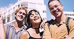 Friends, laughing and portrait of students in city together for commute, higher education or satisfaction. Bonding, funny and scholarship with group of happy people outdoor in town for learning
