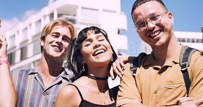 Buy stock photo Friends, laughing and portrait of students in city together for commute, higher education or satisfaction. Bonding, funny and scholarship with group of happy people outdoor in town for learning