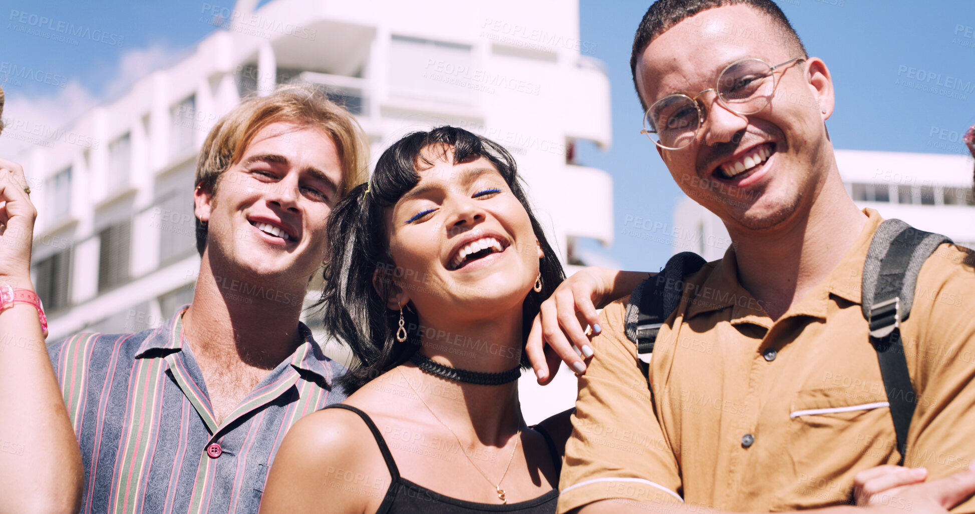 Buy stock photo Friends, laughing and portrait of students in city together for commute, higher education or satisfaction. Bonding, funny and scholarship with group of happy people outdoor in town for learning