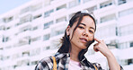 Travel, student and woman with pride in city, education and serious with scholarship for university. Commuting, portrait and person with college funding, space and confident for study opportunity