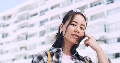 Buy stock photo Travel, student and woman with pride in city, education and serious with scholarship for university. Commuting, portrait and person with college funding, space and confident for study opportunity