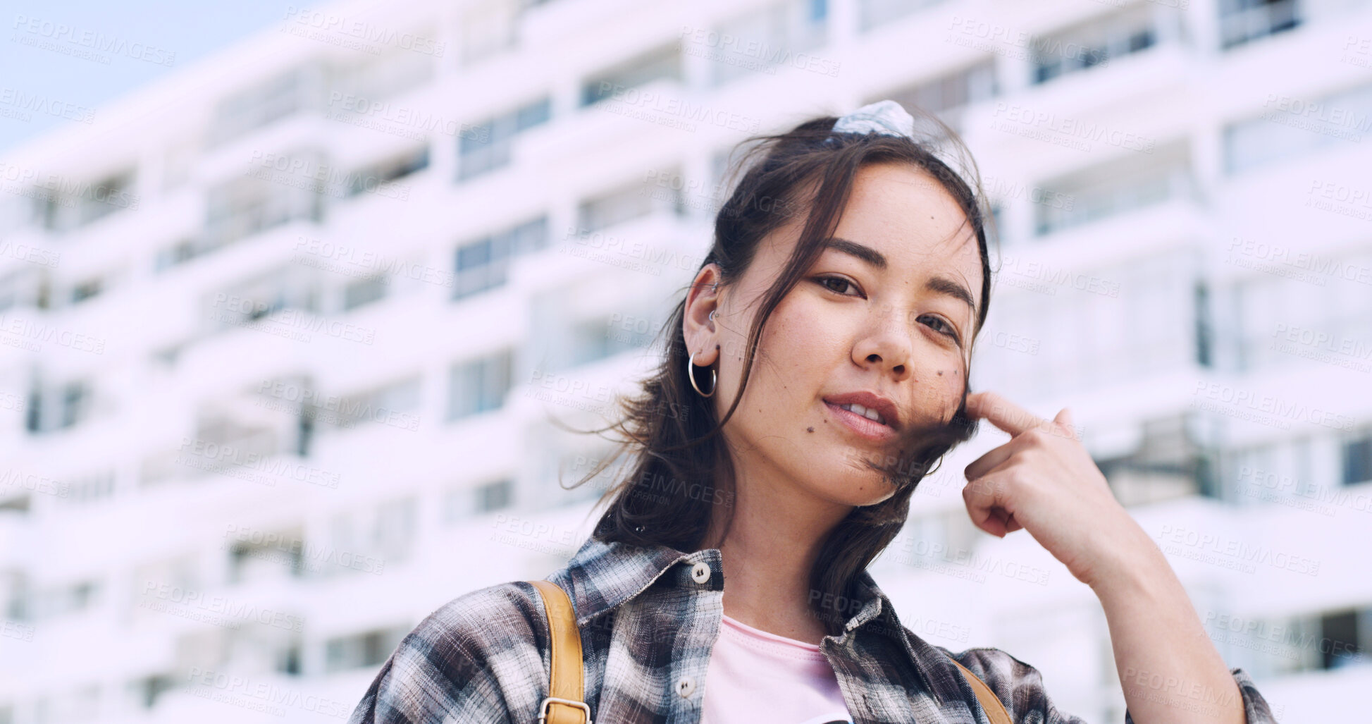 Buy stock photo Travel, student and woman with pride in city, education and serious with scholarship for university. Commuting, portrait and person with college funding, space and confident for study opportunity