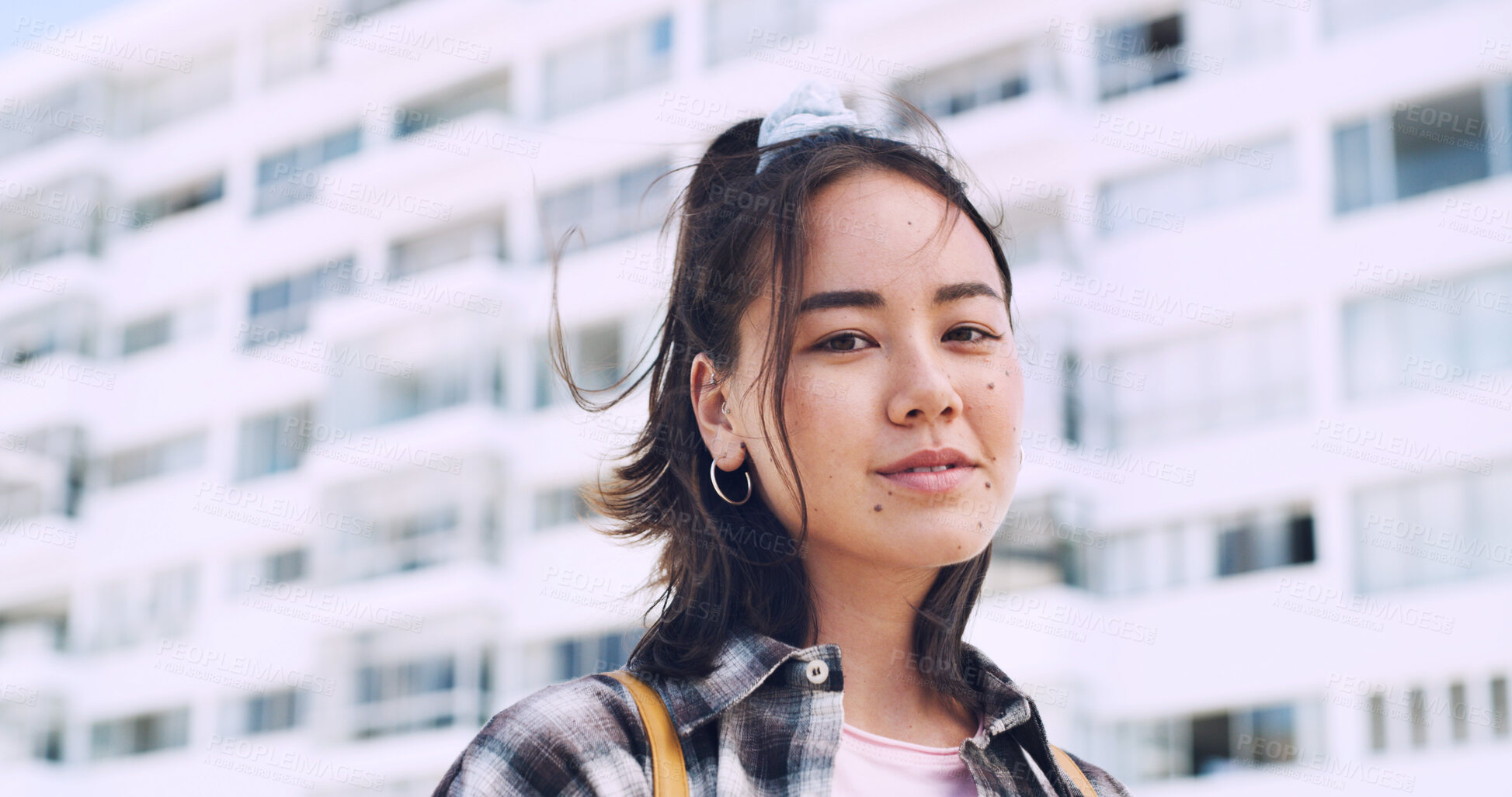 Buy stock photo City, travel and woman with pride for education, student and serious with scholarship for university. Commuting, portrait and person with college funding, space and confident for study opportunity