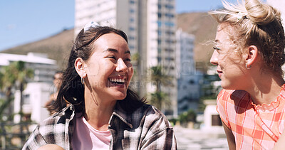 Buy stock photo Friends, laughing and talking with students in city together for commute, higher education or satisfaction. Bonding, funny and scholarship with happy women outdoor in town for learning opportunity
