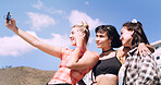 Friends, selfie and women with outdoor for travel update, weekend and hangout in summer. Cool, trendy and group with profile picture, smile or social media post for memory of vacation in city