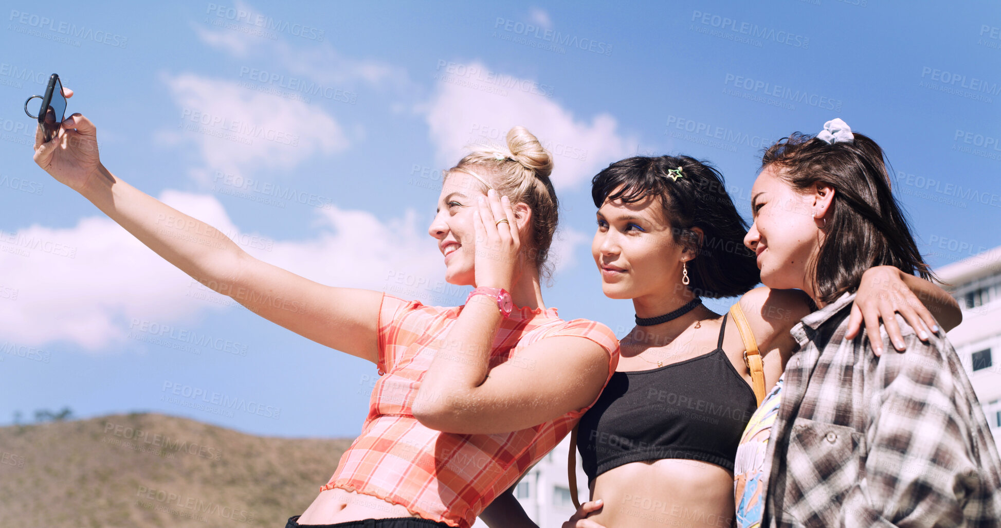 Buy stock photo Friends, selfie and women with outdoor for travel update, weekend and hangout in summer. Cool, trendy and group with profile picture, smile or social media post for memory of vacation in city