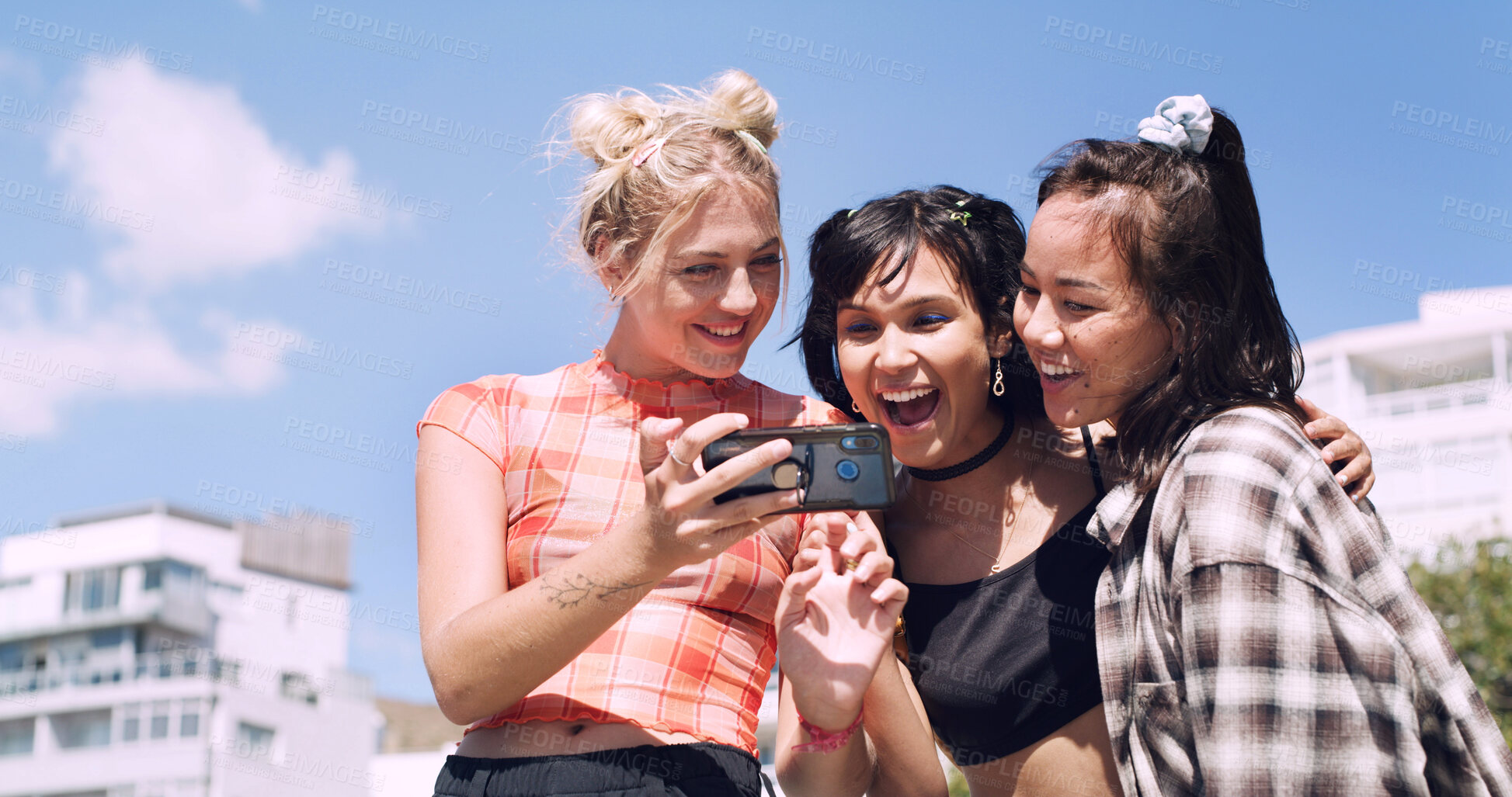 Buy stock photo Friends, phone and women in city with excited, cool and happy conversation for weekend. Wow, laugh and group with social media post, internet or meme in town for summer hangout, vacation or holiday