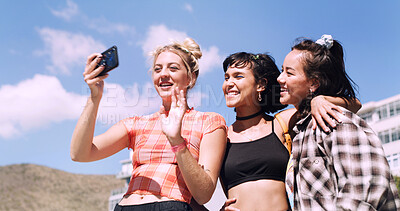 Buy stock photo Friends, women and video call in outdoor for travel update, weekend and happy in summer. Hello, wave and influencer or group with communication, vlog or social media for memory of vacation in city
