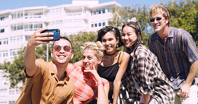 Buy stock photo Selfie, friends and people in city for social media, gathering and post memory of hangout. Smile, together and cool group in profile picture for bonding, vlogging and outdoor update in summer