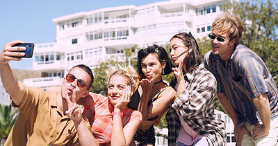 Buy stock photo Selfie, group and friends in city with summer hangout, gathering or social media post. Smile, trendy and cool people in profile picture for bonding, vlogging and outdoor with memory for holiday