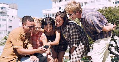 Buy stock photo Streaming, smile or university students in city with phone, funny video or bonding in social media scroll. Friends, app browse or people with tech, meme reaction or shared laugh at college post.