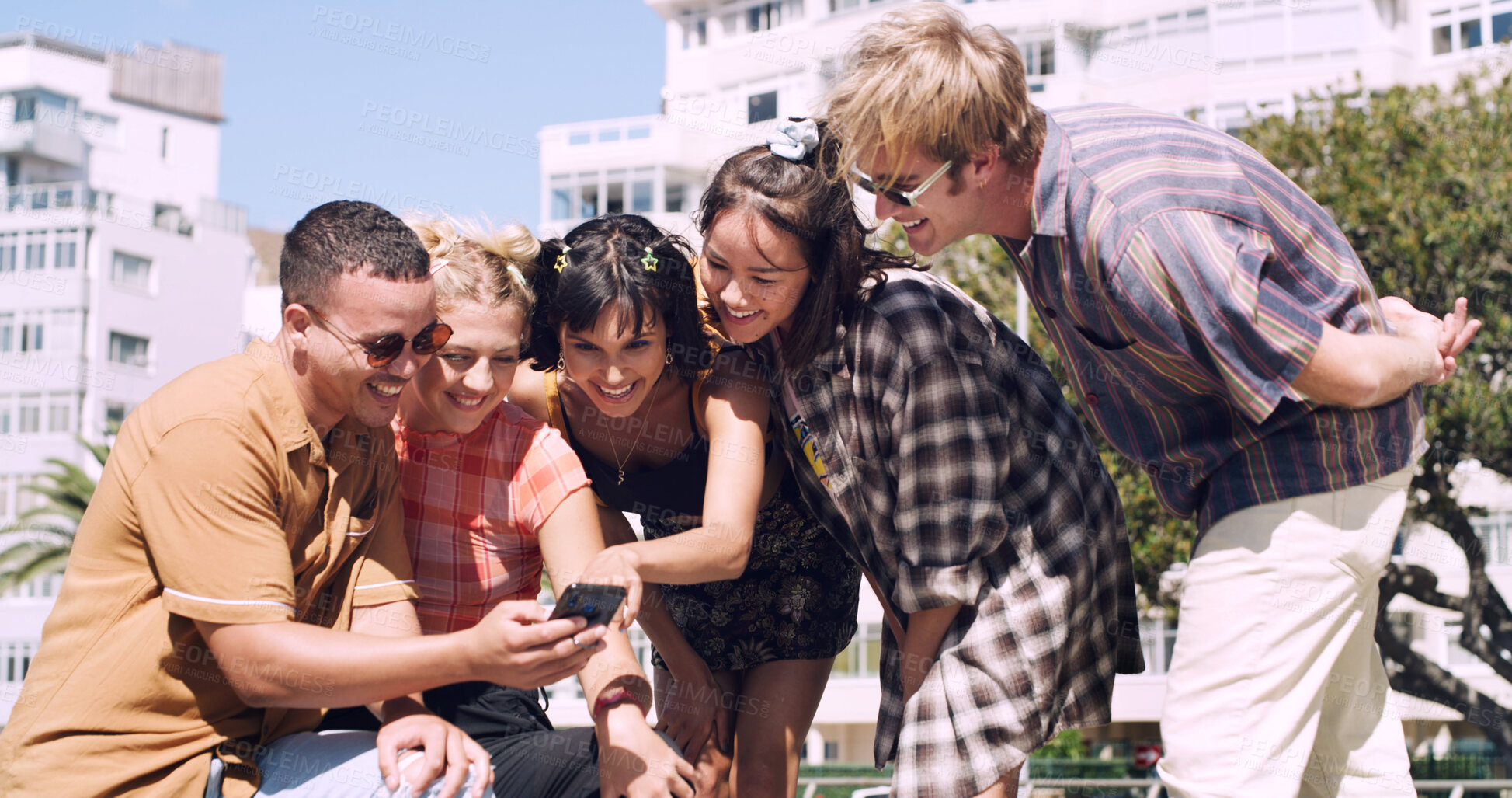 Buy stock photo Streaming, smile or university students in city with phone, funny video or bonding in social media scroll. Friends, app browse or people with tech, meme reaction or shared laugh at college post.
